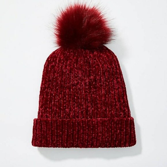 Loft Beanie Chenille Faux Fur Pom Pom Hat Maroon Red Wine Cozy Warm Classic Boho main image 4